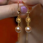 14K Gold-Plated Brown Zircon Leaf Pearl Threader Tassel Earrings - elegant Leaf Threader Earrings