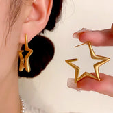 Matte Gold Hollow Star Hoop Earrings, on-ear and full design held view
