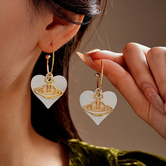 14K Gold-Plated Brushed Heart Saturn Earrings - elegant Heart Saturn Earrings