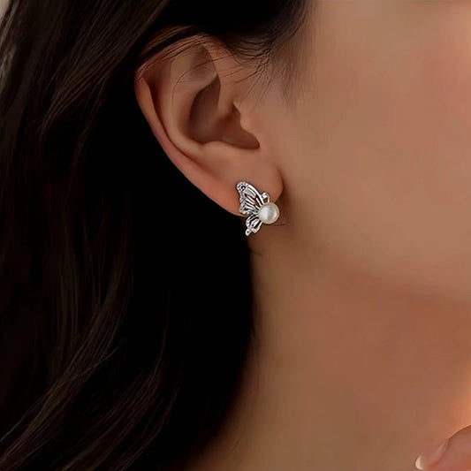 14K Gold-Plated Butterfly Pearl Stud Earrings - elegant Pearl Stud Earrings