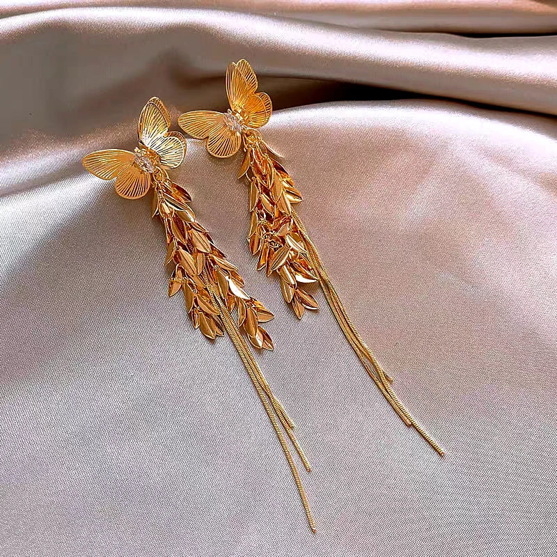 Close-up detail of the sparkling zircons and plating on the Butterfly Tassel Earrings