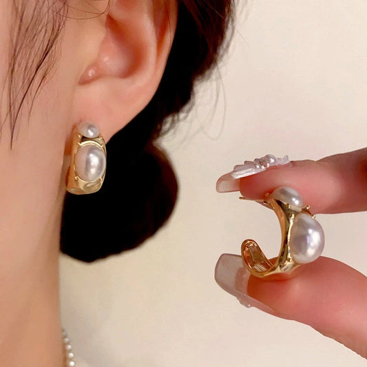 14K Gold-Plated C-Shaped Pearl Earrings - elegant C-Shaped Pearl Earrings