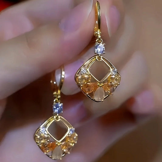 14K Gold-Plated Cat's Eye Geometric Square Hollow Earrings - elegant Geometric Square Earrings