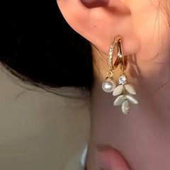 14K Gold-Plated Cat's Eye Leaf Pearl Earrings - elegant Pearl Leaf Earrings