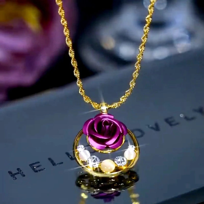 14K Gold-Plated Cat's Eye Purple Rose Pendant Necklace worn to showcase its length and pendant detail