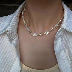 14K Gold-Plated Cat's Eye Stone Cat Pearl Necklace worn to showcase its length and pendant detail