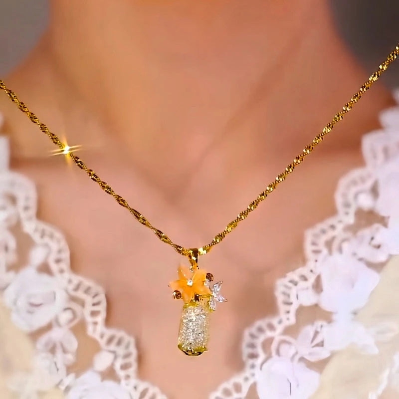 14K Gold-Plated Cat's Eye Stone Flower Mesh Pendant Necklace - beautiful Flower Mesh Necklace