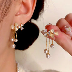 14K Gold-Plated Cat's Eye Stone Flower Tassel Earrings - elegant Flower Tassel Earrings