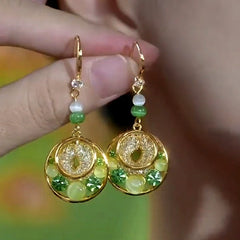 14K Gold-Plated Cat's Eye Stone Green Diamond Mesh Water Drop Ear Hook Earrings - elegant Mesh Water Drop Earrings