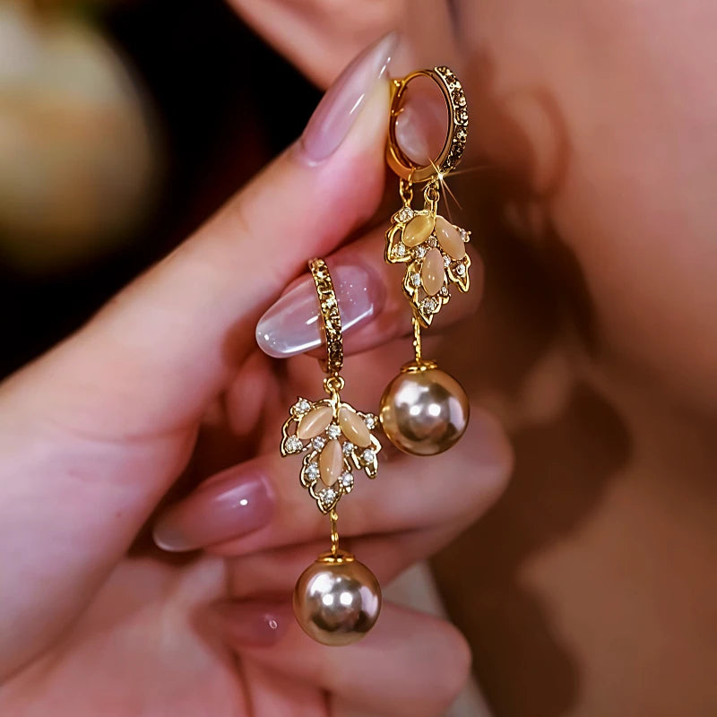 14K Gold-Plated Cat's Eye Stone Maple Leaf Pearl Earrings - elegant Maple Leaf Earrings