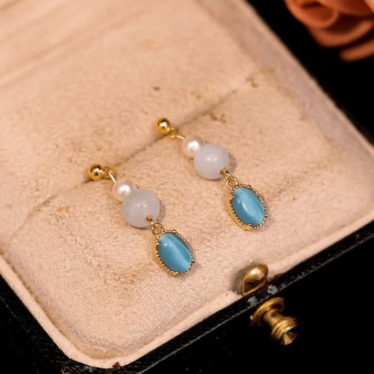 14K Gold-Plated Cat's Eye Stone Pearl Bead Earrings - elegant Pearl Bead Earrings