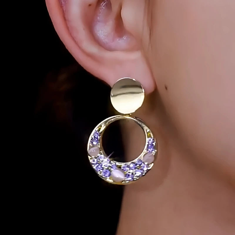 14K Gold-Plated Cat's Eye Stone Purple Diamond Hoop Tassel Earrings - elegant Hoop Tassel Earrings