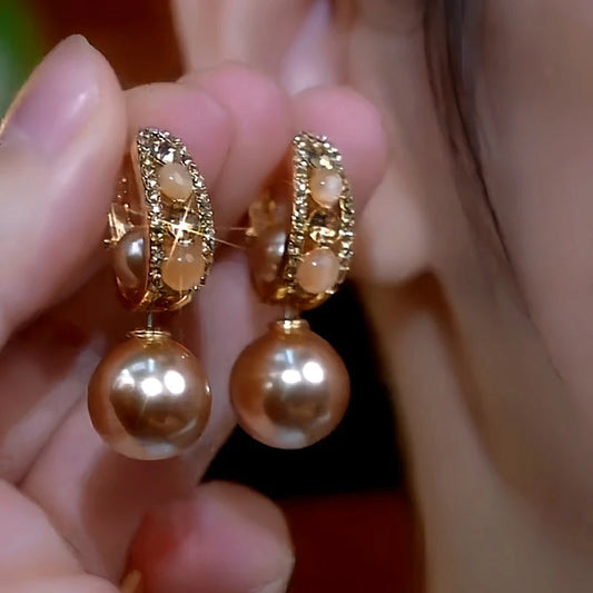 14K Gold-Plated Cat's Eye Stone Zircon Diamond Pearl Earrings - elegant Diamond Pearl Earrings