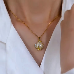 14K Gold-Plated Cat's Eye Tulip Necklace worn to showcase its length and pendant detail