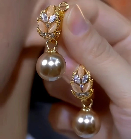 14K Gold-Plated Champagne Cat's Eye Stone Wheat Ear Pearl Earrings - elegant Wheat Ear Earrings