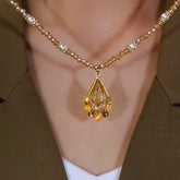 14K Gold-Plated Champagne Crystal Mesh Water Drop Necklace - beautiful Crystal Drop Necklace