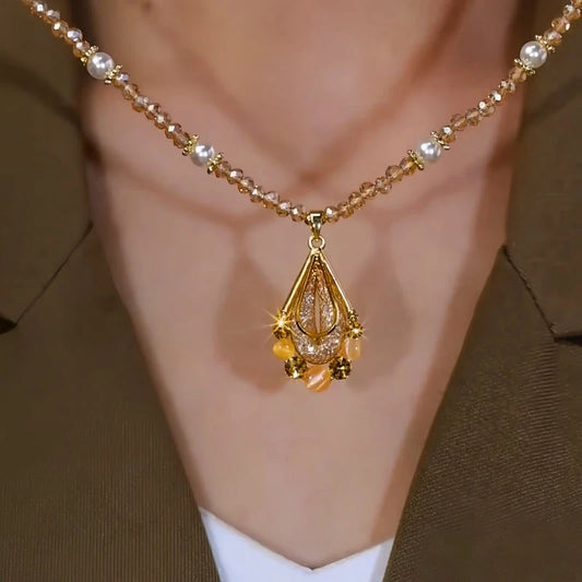 14K Gold-Plated Champagne Crystal Mesh Water Drop Necklace - beautiful Crystal Drop Necklace