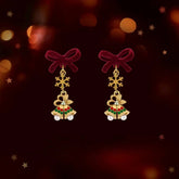 14K Gold-Plated Christmas 2025 Snowflake Bell Bow Earrings - elegant Christmas Bow Earrings