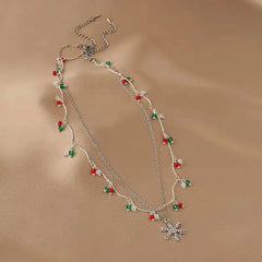 14K Gold-Plated Christmas Colorful Double-Layer Snowflake Necklace worn to showcase its length and pendant detail