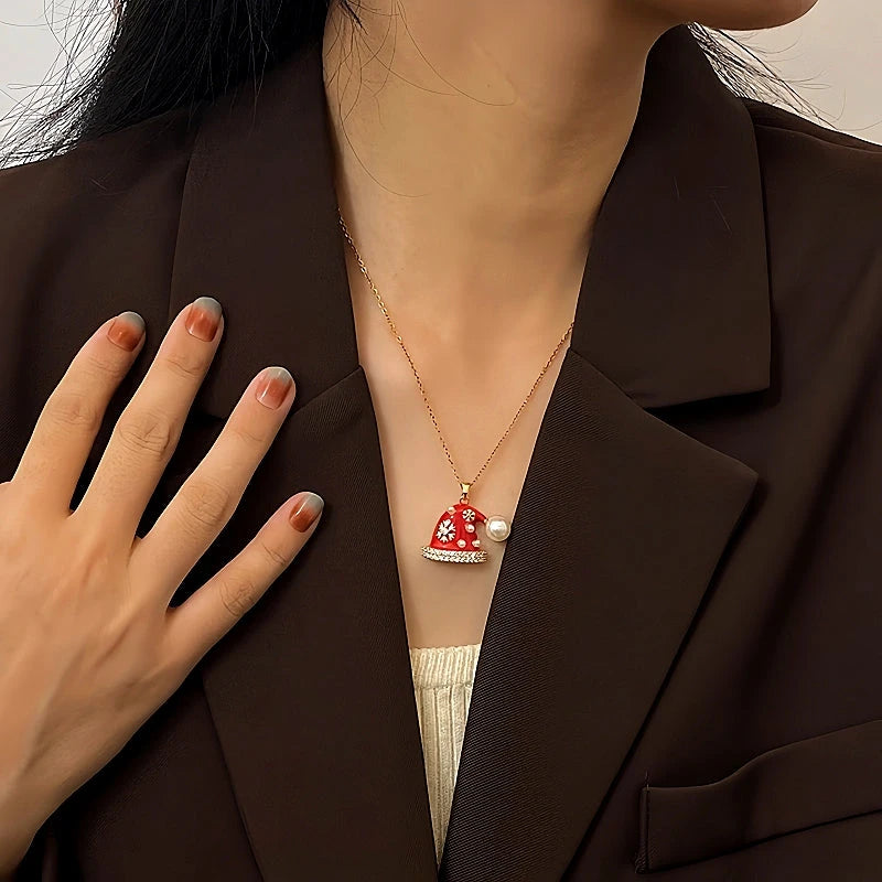 14K Gold-Plated Christmas Diamond Pearl Hat Necklaces worn to showcase its length and pendant detail