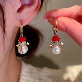 14K Gold-Plated Christmas Diamond Pearl Snowman Earrings - elegant Snowman Pearl Earrings