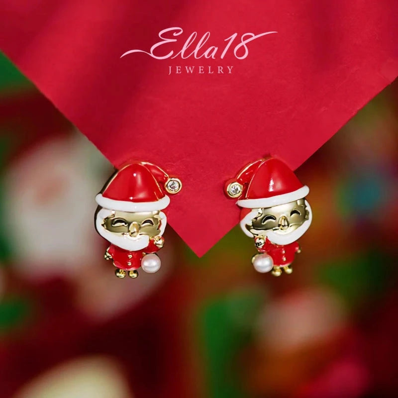 Close-up detail of the sparkling zircons and plating on the Santa Claus Earrings