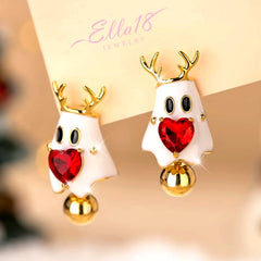 Model showcasing the dangle and style of the 14K Gold-Plated Christmas Elk Zircon Heart Earrings