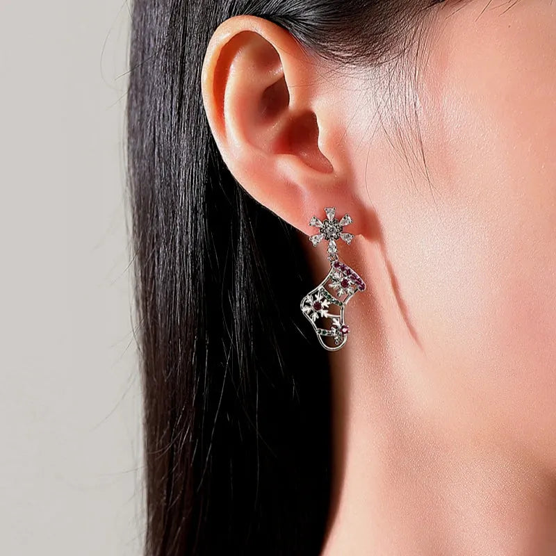 14K Gold-Plated Christmas Stocking Zircon Snowflake Earrings - elegant Christmas Stocking Earrings