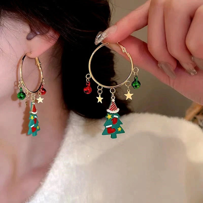 Close-up detail of the sparkling zircons and plating on the Christmas Hoop Tassel Earrings