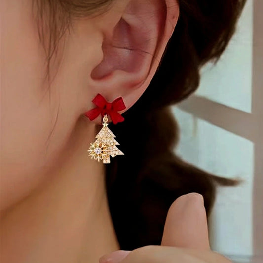 14K Gold-Plated Christmas Tree Bow Earrings - elegant Christmas Tree Bow Earrings