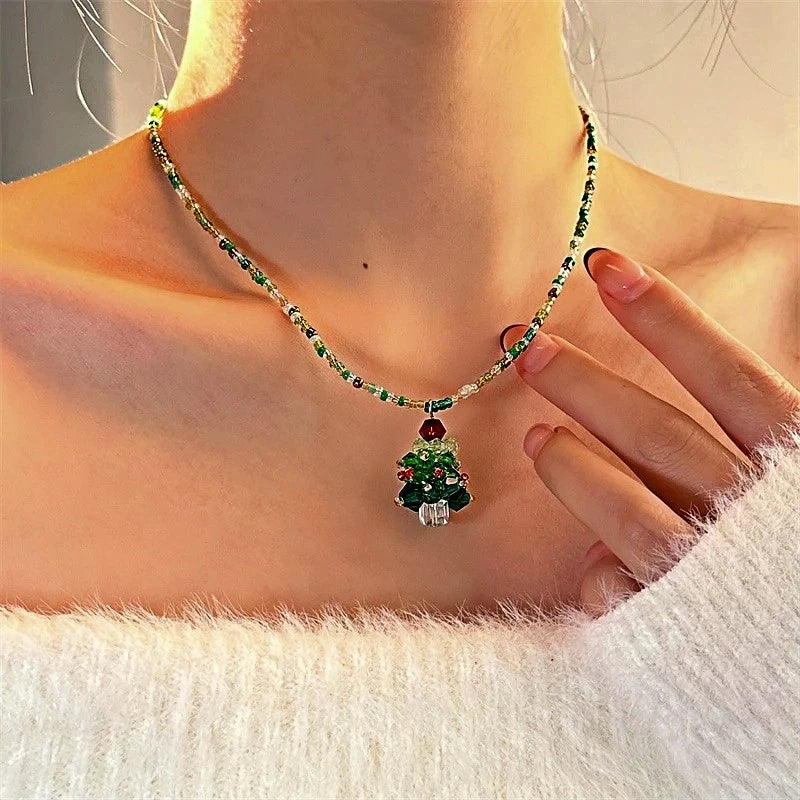 14K Gold-Plated Christmas Tree Pendant Beaded Necklace worn to showcase its length and pendant detail