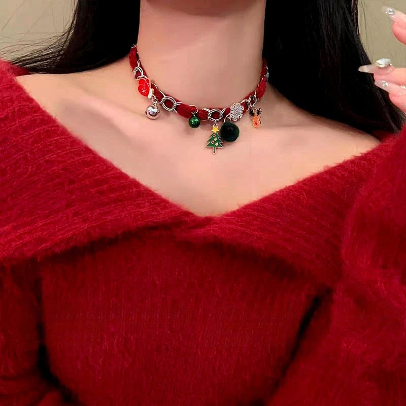 14K Gold-Plated Christmas Tree Pendant Choker worn to showcase its length and pendant detail