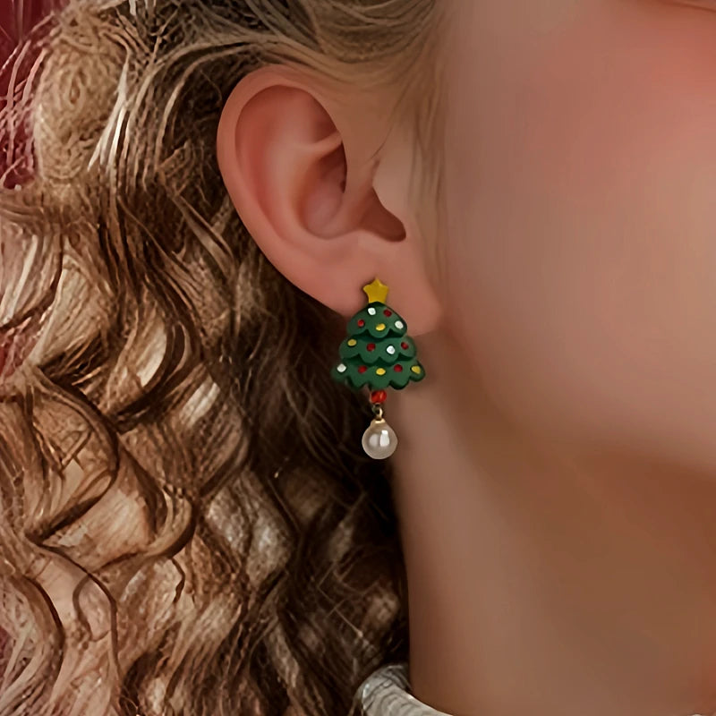 Close-up detail of the sparkling zircons and plating on the Christmas Tree Pearl Earrings