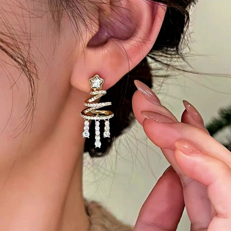 14K Gold-Plated Christmas Tree Zircon Tassel Earrings - elegant Christmas Tassel Earrings