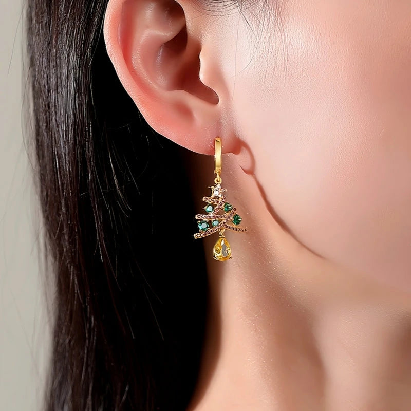 14K Gold-Plated Christmas Zircon Colored Christmas Tree Earrings - elegant Colored Zircon Tree Earrings