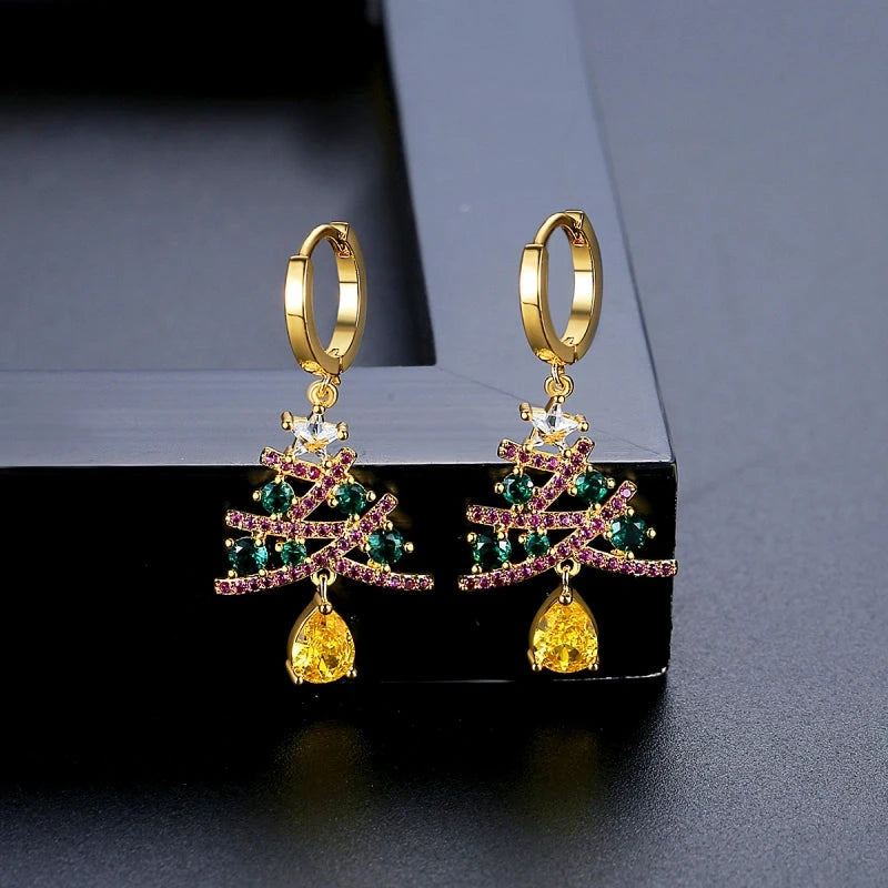 Close-up detail of the sparkling zircons and plating on the Colored Zircon Tree Earrings