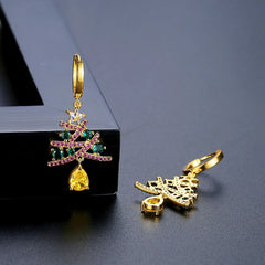 Angled view of the 14K Gold-Plated Christmas Zircon Colored Christmas Tree Earrings