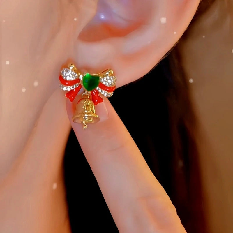 14K Gold-Plated Christmas Zircon Diamond Bow Bell Earrings - elegant Zircon Bow Bell Earrings