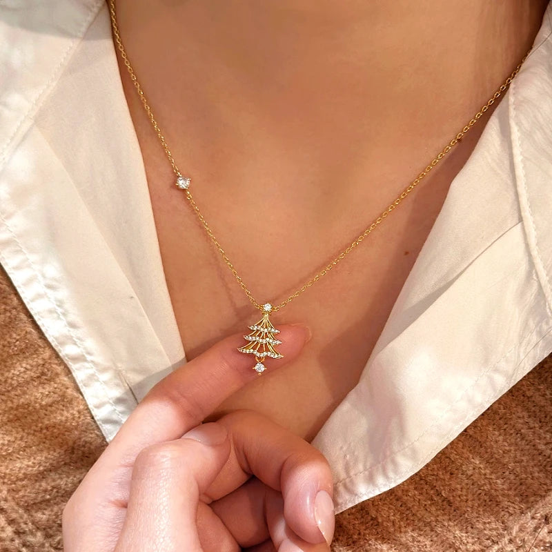 14K Gold-Plated Christmas Zircon Tree Earrings - beautiful Zircon Tree Necklace