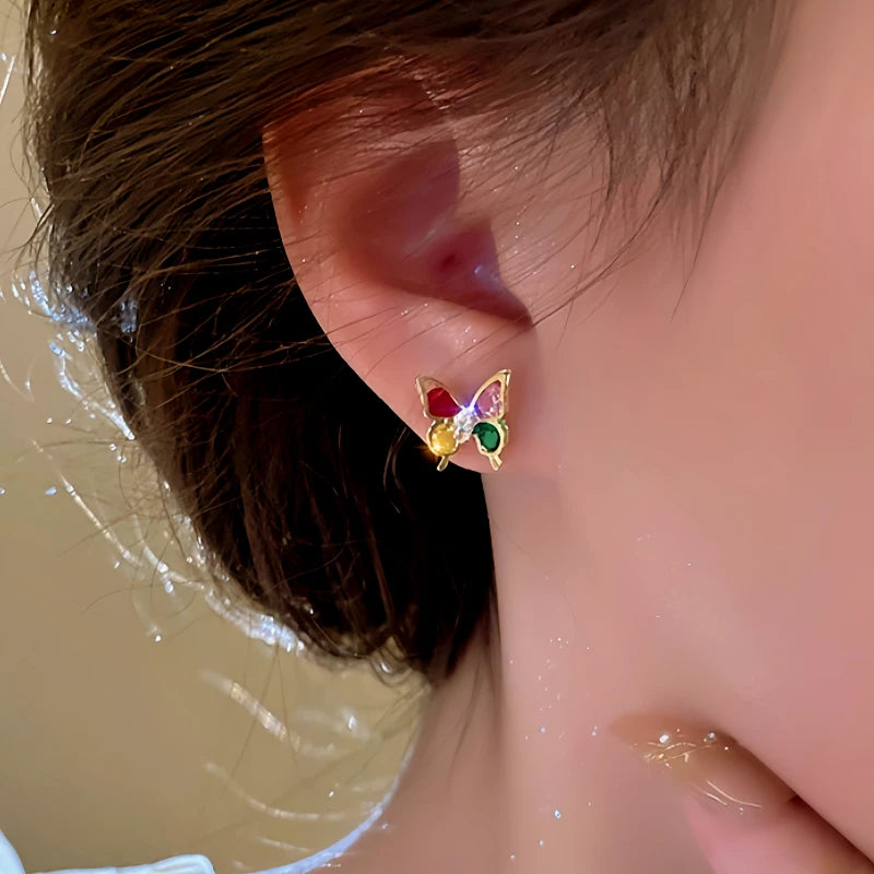 Angled view of the 14K Gold-Plated Colorful Butterfly Stud Earrings