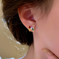 Angled view of the 14K Gold-Plated Colorful Butterfly Stud Earrings
