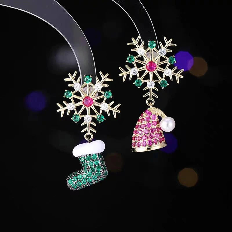 14K Gold-Plated Colorful Christmas Snowflake Boots Hat Earrings - elegant Colorful Christmas Earrings