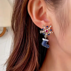 Angled view of the 14K Gold-Plated Colorful Christmas Snowflake Boots Hat Earrings