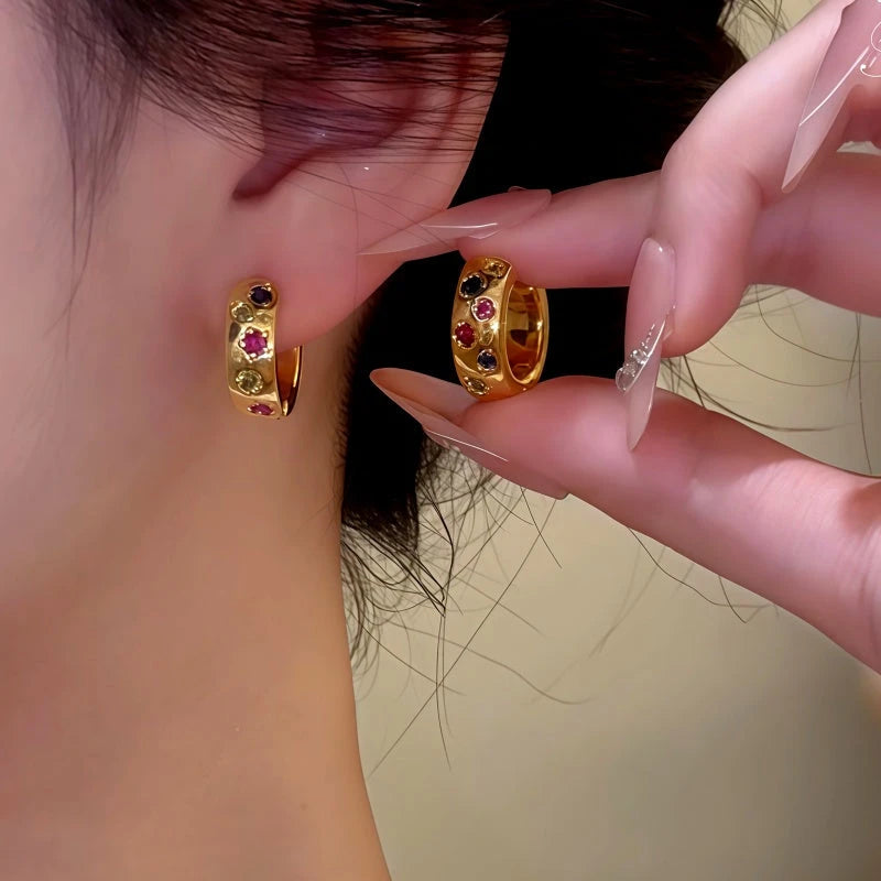 14K Gold-Plated Colorful Zircon Diamond Hoop Earrings - elegant Colorful Zircon Hoops