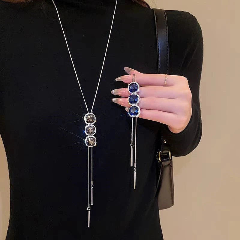 The perfect Blue Crystal Sweater Necklace for layering or wearing as a statement piece