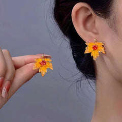 14K Gold-Plated Crystal Zircon Maple Leaf Stud Earrings - elegant Maple Leaf Studs