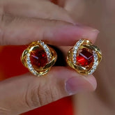 14K Gold-Plated Diamond-Encrusted Red Crystal Stud Earrings - elegant Red Crystal Studs