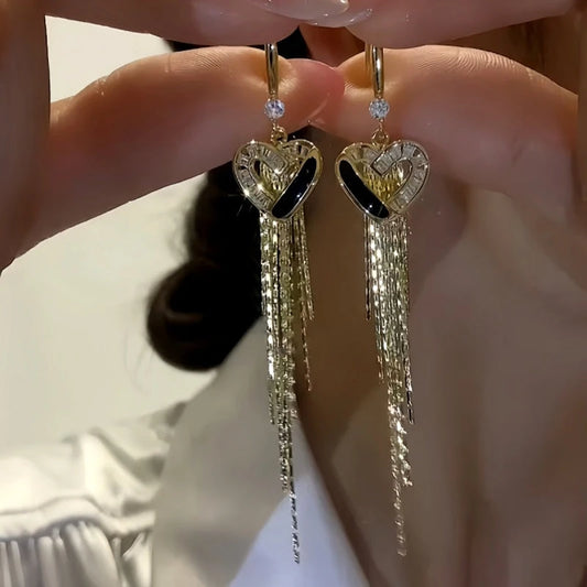 14K Gold-Plated Diamond-Studded Black Oil-Drop Heart Tassel Ear Hook Earrings - elegant Heart Tassel Earrings