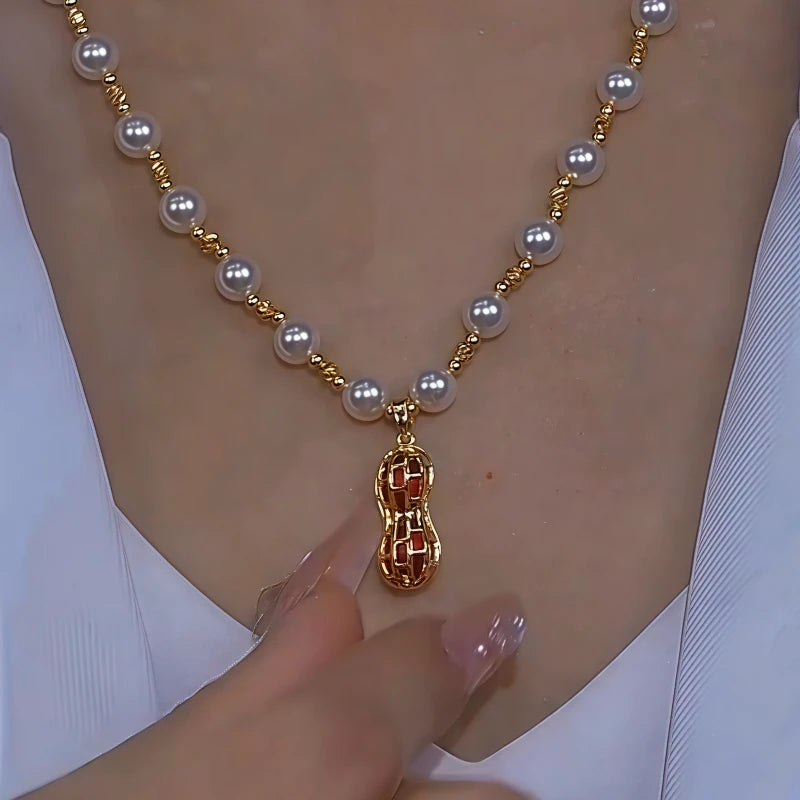 14K Gold-Plated Diamond-Studded Peanut Pearl Necklace - beautiful Peanut Pearl Necklace