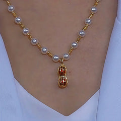 14K Gold-Plated Diamond-Studded Peanut Pearl Necklace worn to showcase its length and pendant detail